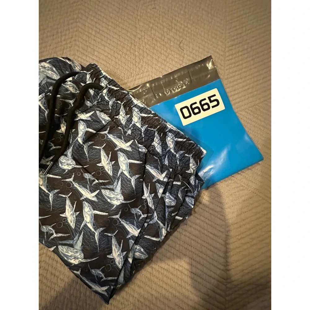 Centro Mens Swim Trunks Navy White Shark Print Shorts MS1004 Large NWT